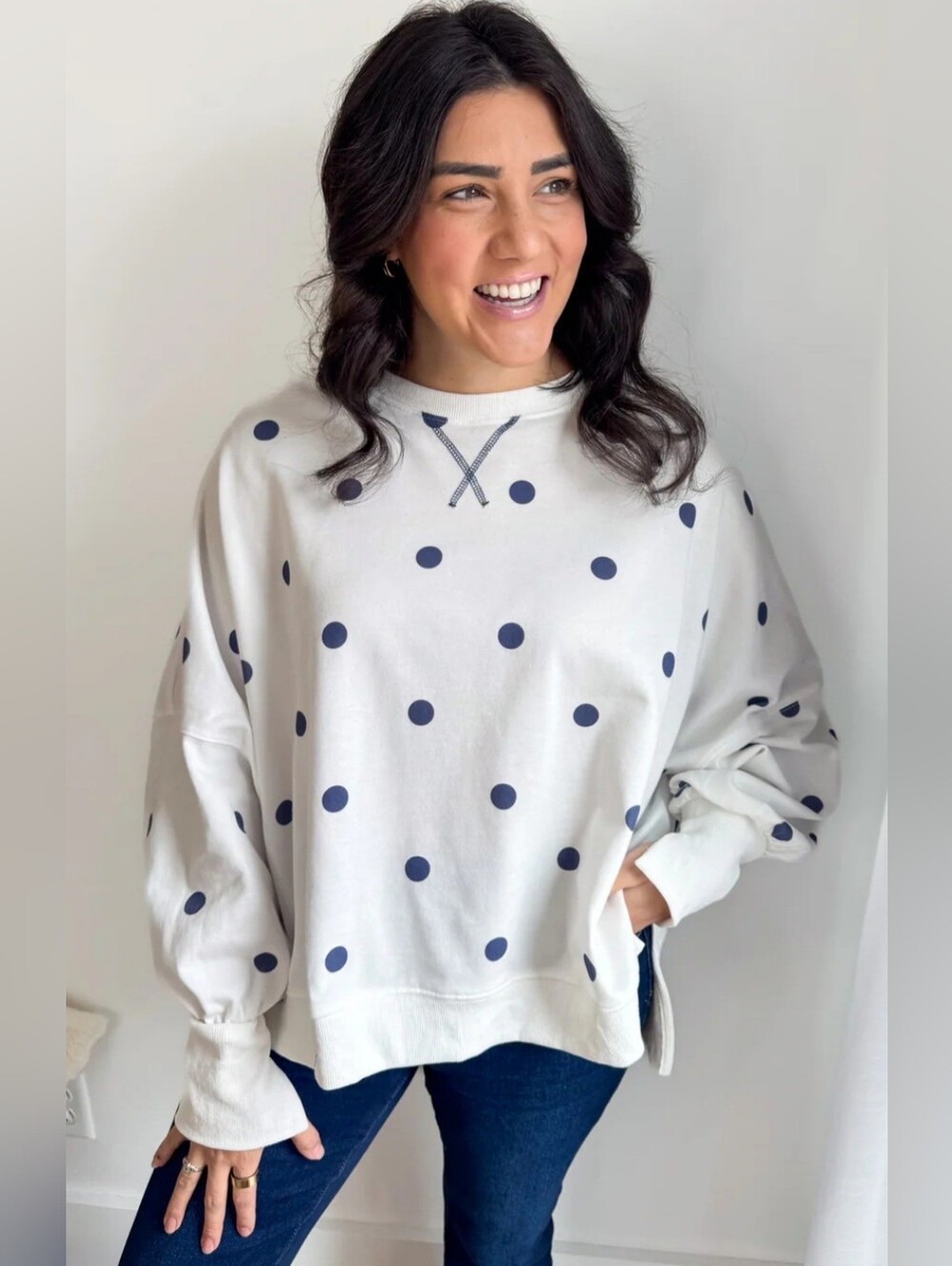 Navy Polka Dot Oversized Crewneck Sweatshirt